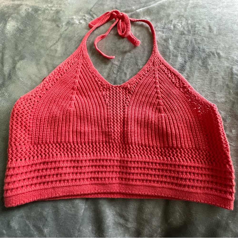 Aerie Coral Crochet Halter Tank Top Size Large Coastal Boho